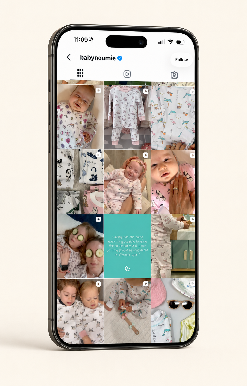Baby Noomie Instagram grid displayed on a premium smartphone mockup