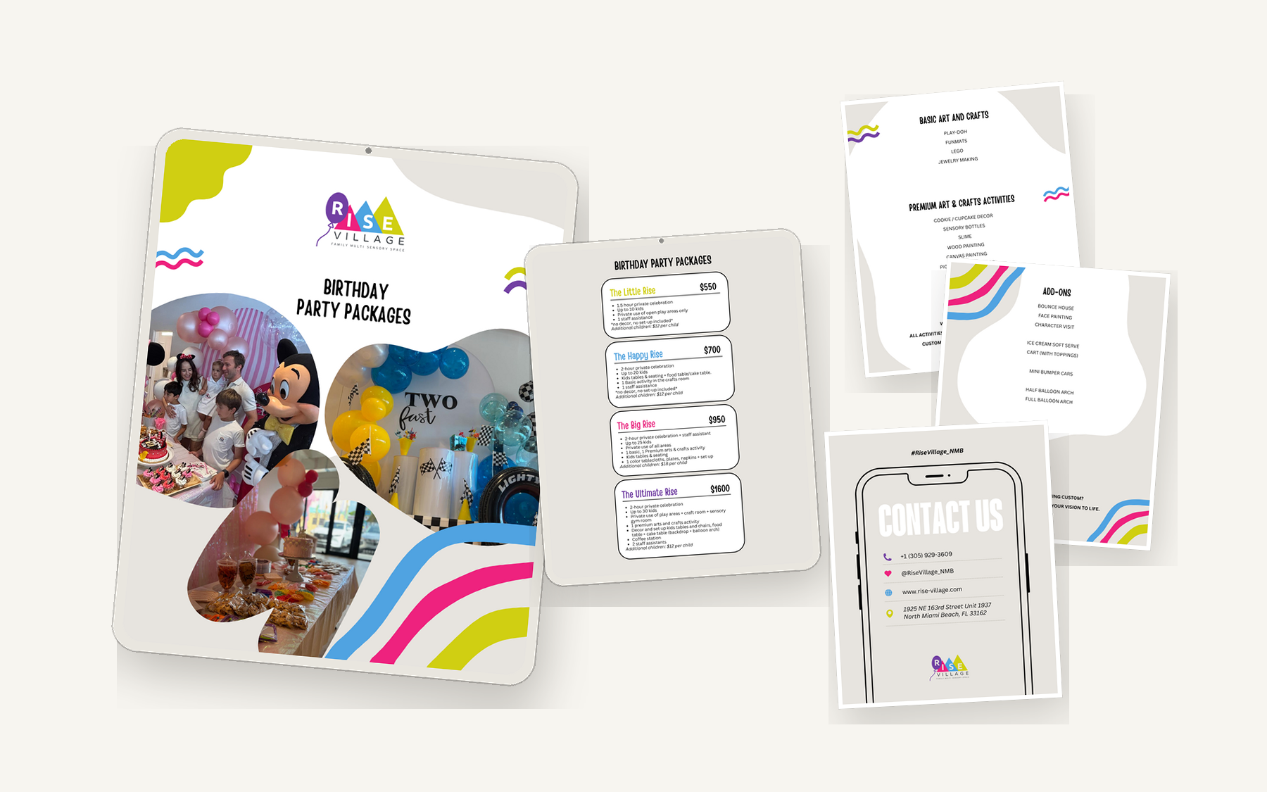 Rise Village birthday packages digital sales guide presented as an editorial tablet mockup