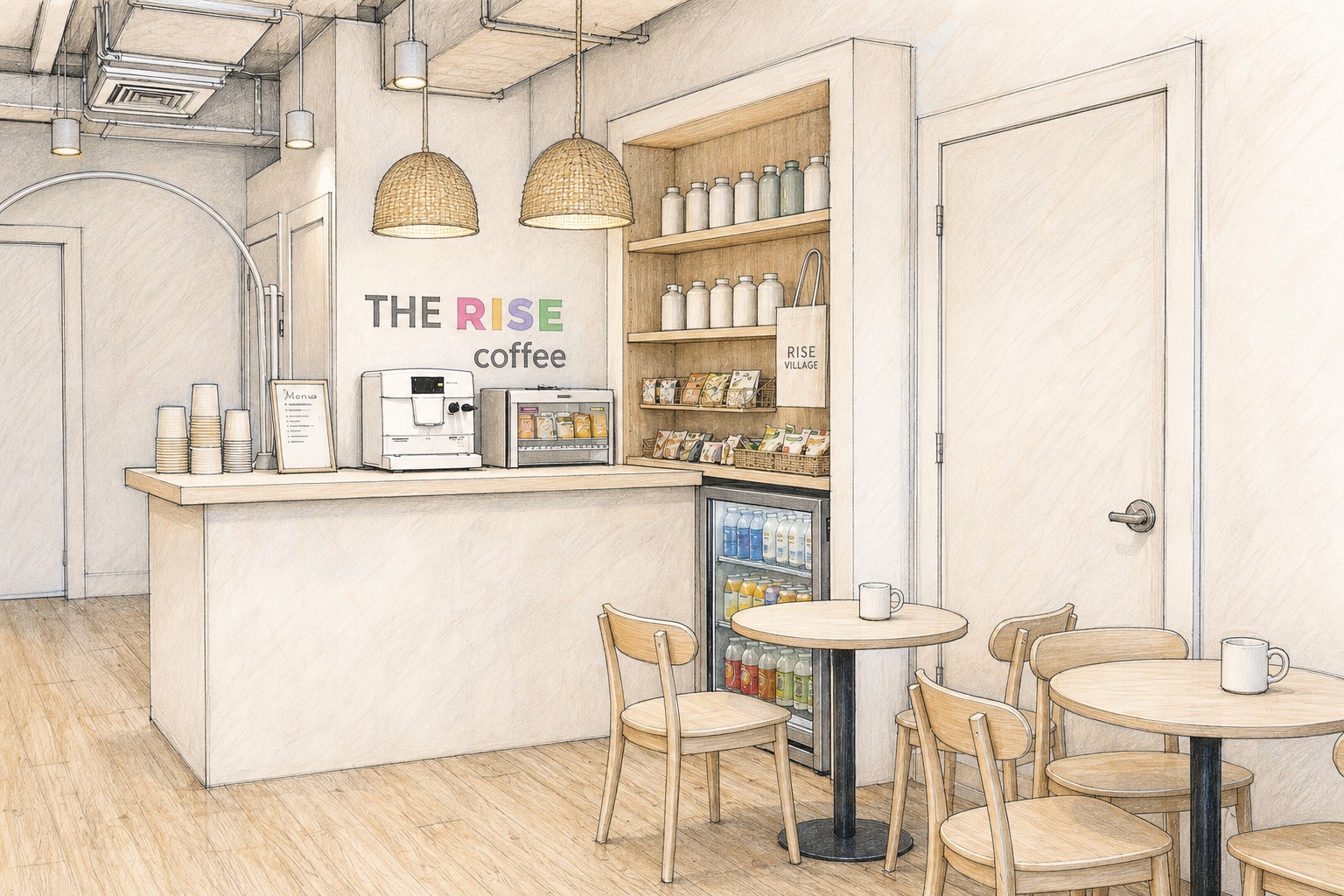 Hand-drawn architectural concept for The Rise Coffee inside Rise Village
