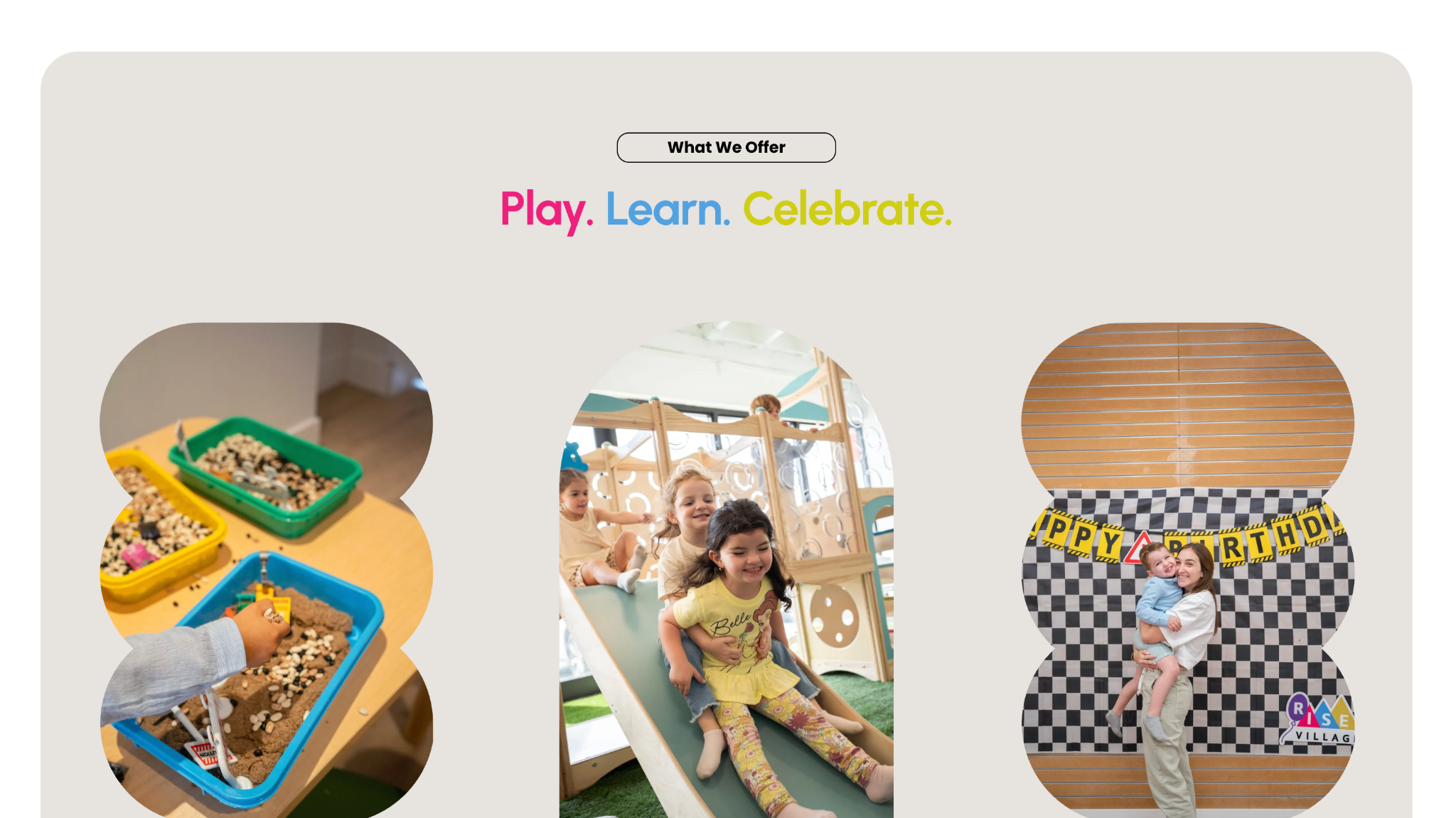 Rise Village website showing the Play, Learn, Celebrate services section