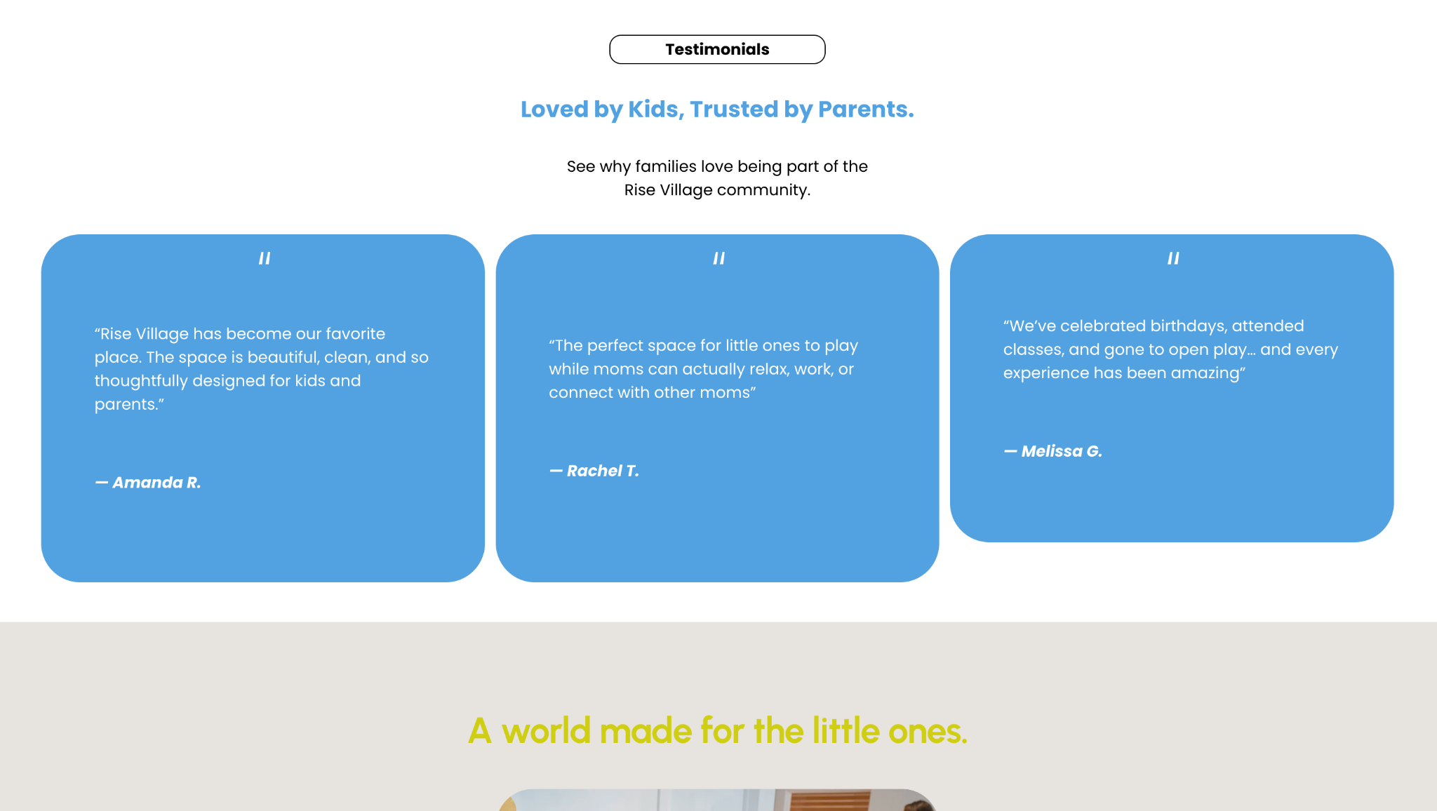 Rise Village website testimonials section