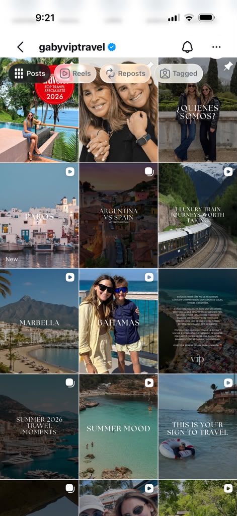 Gaby VIP Travel social media feed scrolling inside a phone mockup
